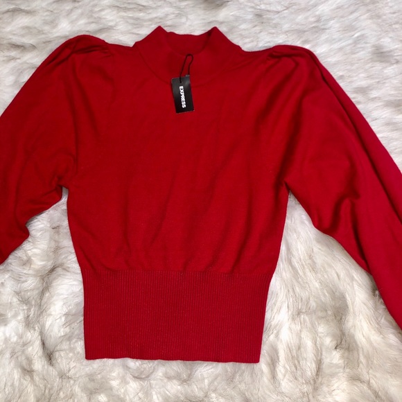 Express MOCK NECK PUFF SLEEVE SWEATER IN KODAK RED - Picture 3 of 3